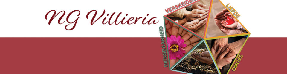 NG Villieria prent wat die woorde NG Villieria aandui met die vyfhoek logo met die woorde Verskeidenheid Liefde, Omgee, Eenvoud, en Diensbaarheid